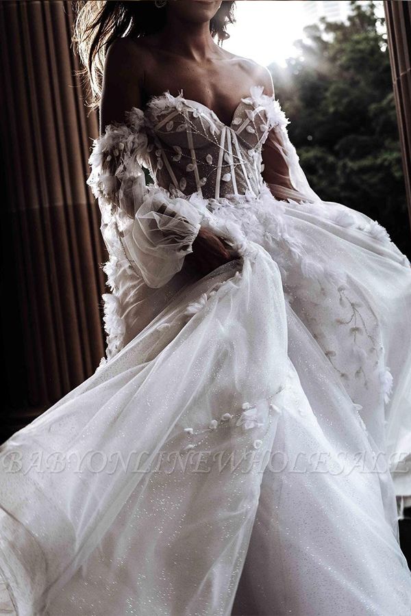 Vestido de Noiva Sexy Sweetheart sem mangas Branco 3D Floral Lace Vestido de Noiva