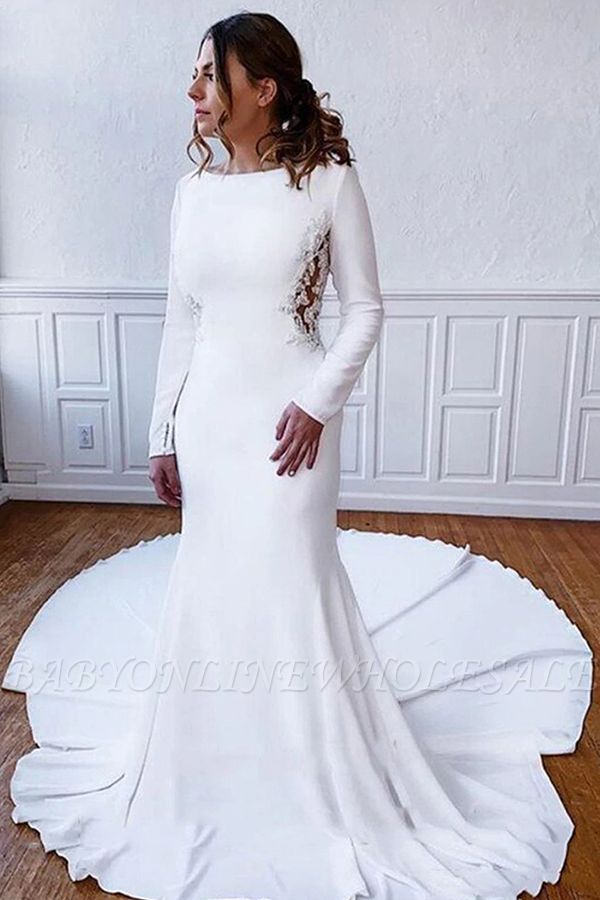 Élégante manches longues bateau robe de réception de mariage blanc robe de mariée longueur de plancher