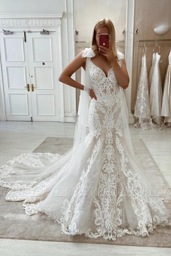 White Tulle Lace mermaid Wedding Gown with Sweep Train