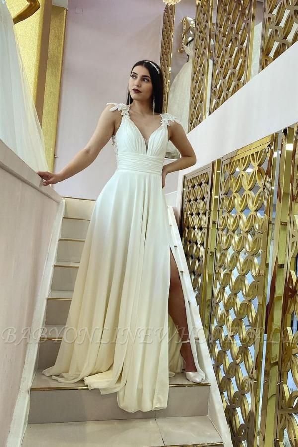 Шикарное шифоновое длинное свадебное платье без рукавов с V-образным вырезом Aline