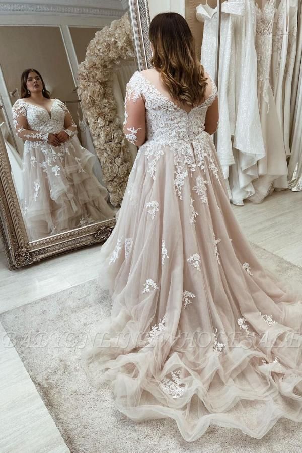 Plus Size Long Sleeves Aline Wedding Dress Tulle Lace Appliques