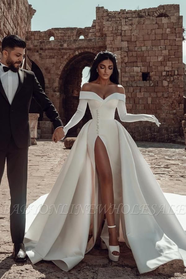 Charming Off-the-Shoulder Wedding Dress Side Slit Mermaid Evening Party Dress with Detachable Train