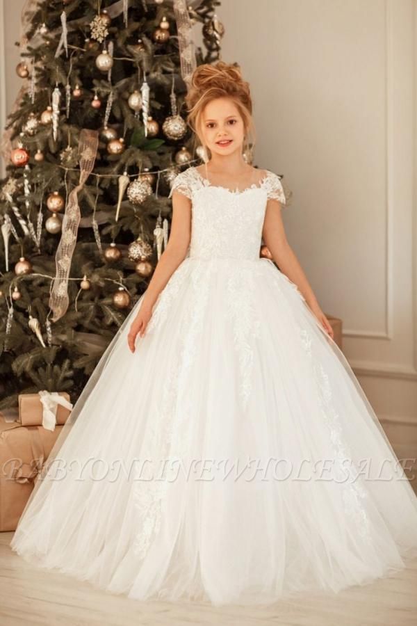 Lovely Cap Sleeves White Princess Flower Girl Dress for Wedding Christmas Party