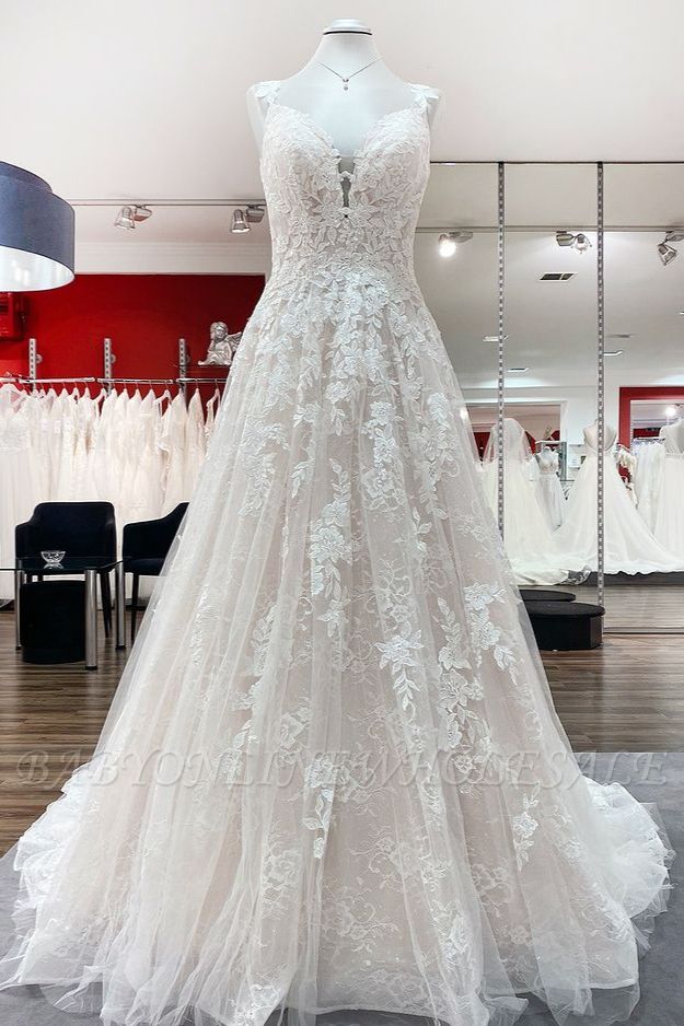 Romantisches tiefes V-Ausschnitt Tüll Blumenspitze Brautkleid Ärmelloses Aline Kleid für Hochzeiten