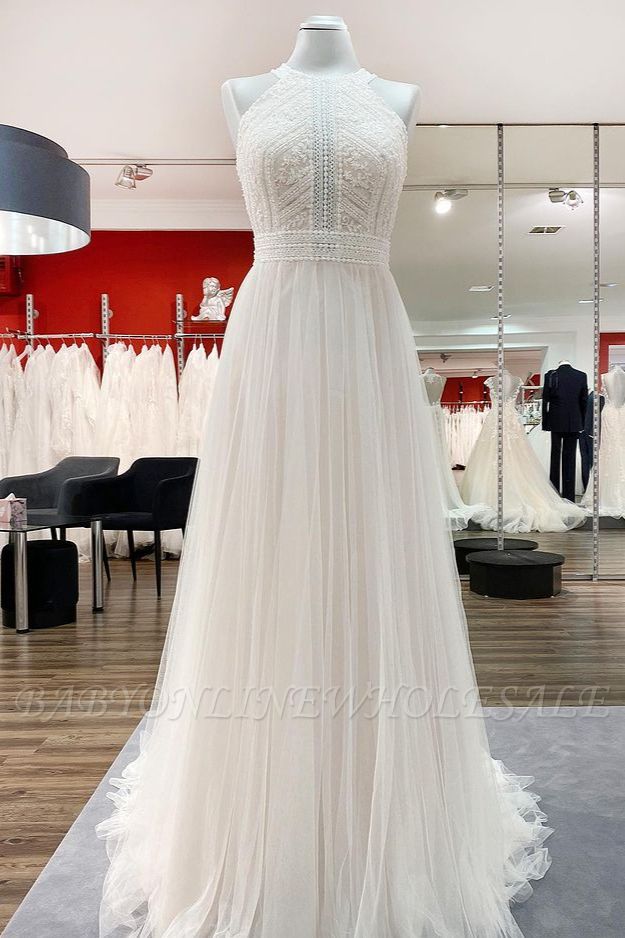 Ärmellose weiße Brautkleider aus Spitze mit V-Ausschnitt und A-Linie