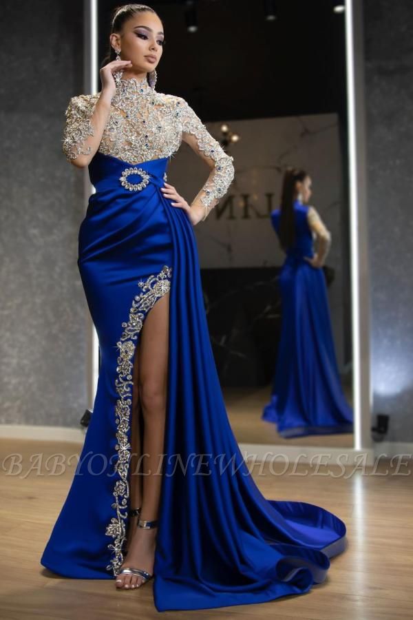 Luxury Halter Royal Blue Satin Mermaid Evening Maxi Dress Long Sleeves Crystals Gold Appliques Party Dress