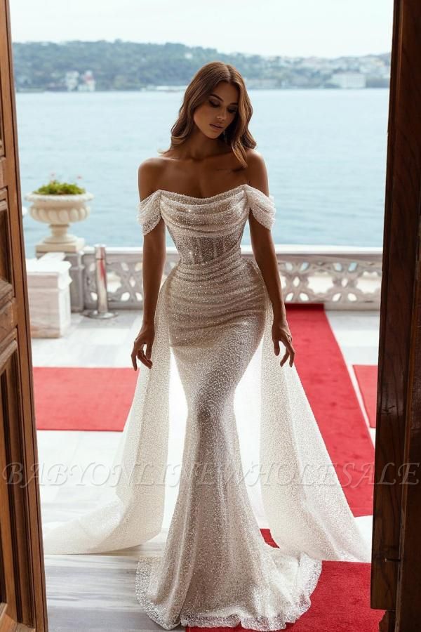 Sparkly Off-the-Shoulder Sequins Mermaid Bridal Dress with Detachable Sweep Train