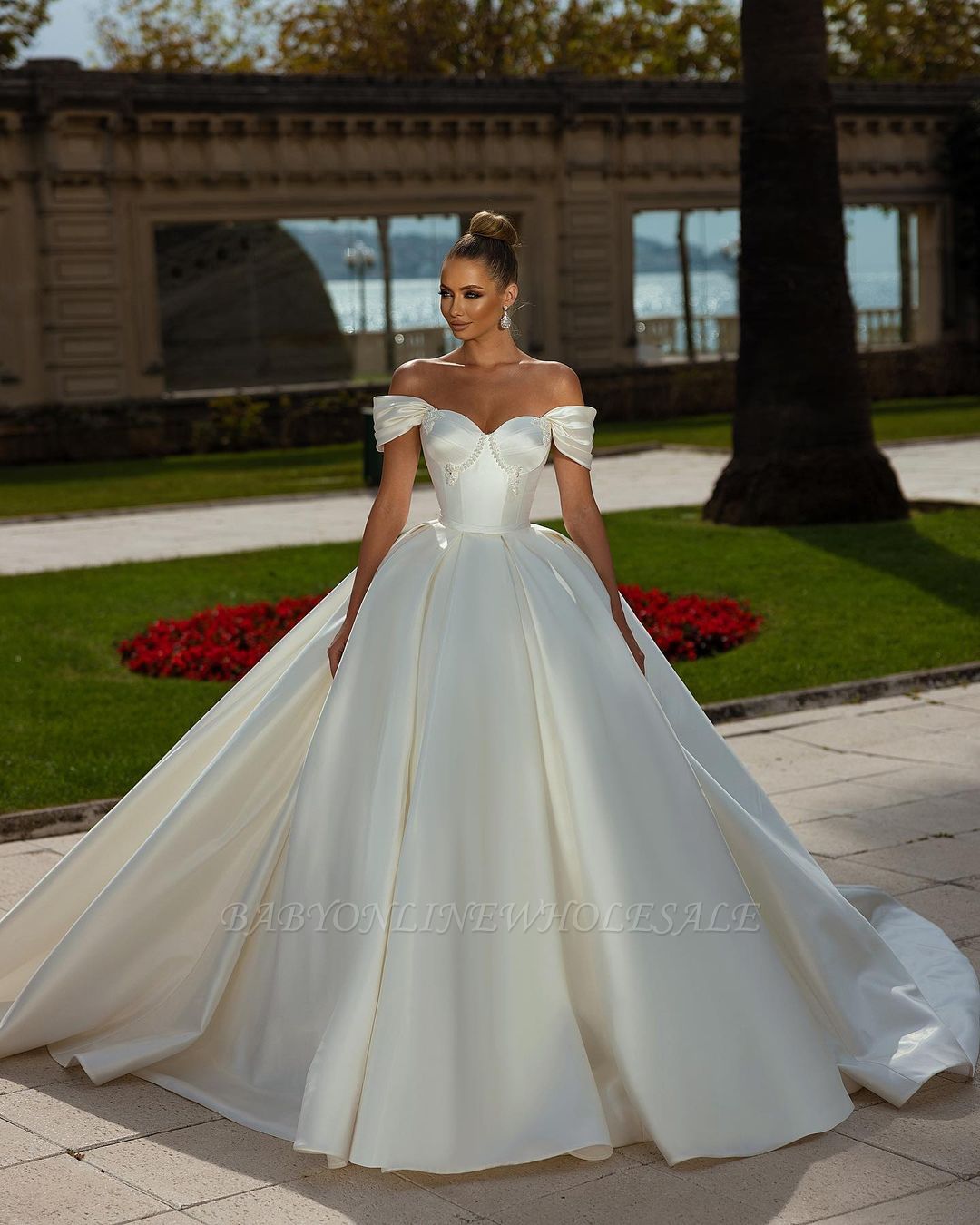 Off-the-Shoulder Sweetheart Ball Gown Satin Sleeveless Garden Bridal ...