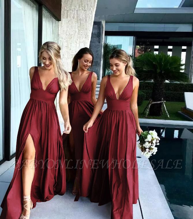 V-Neck Bridesmaid Dress with Front Slit Sleeveless Aline Wedding Guest ...
