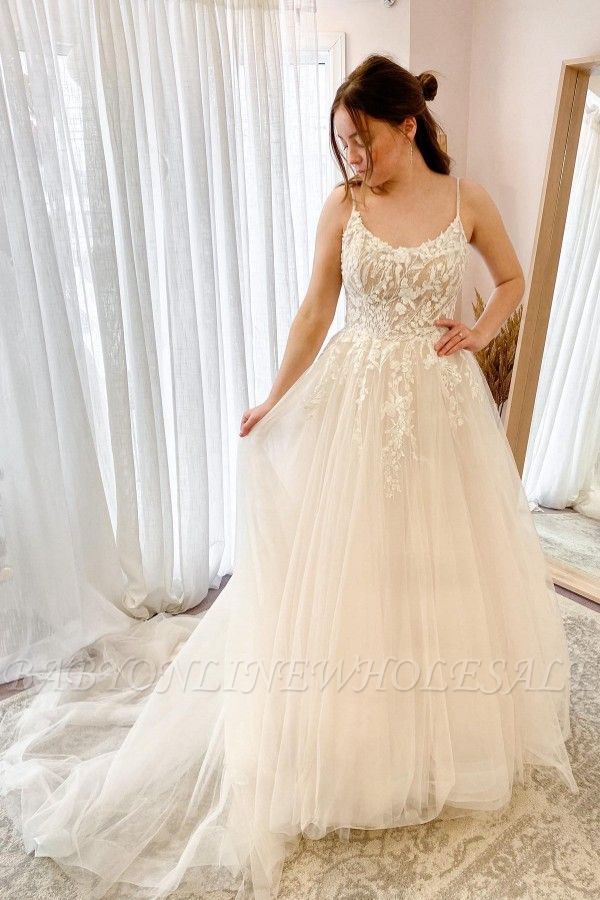 Vestido de novia largo Aline de encaje floral con tirantes finos