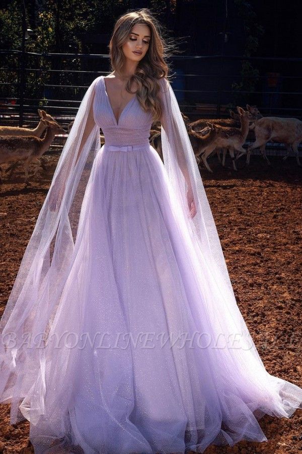 Lavender v-neck a-line flowy tulle prom dress with shawl
