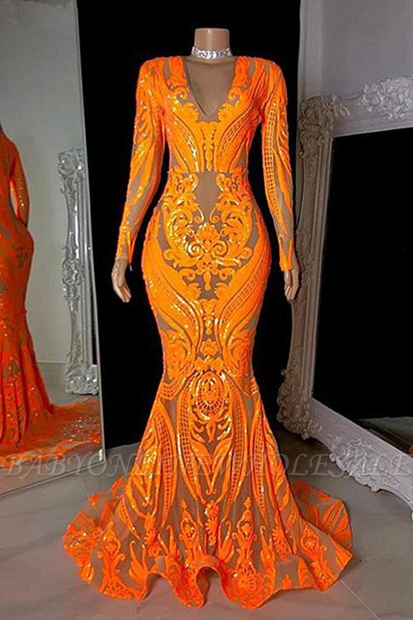 Orange v-neck sequin mermaid prom dress