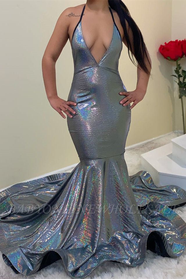 Sparkle gray mermaid sexy prom dress with court train