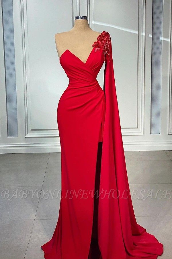 One shoulder red high split sweetheart prom dress
