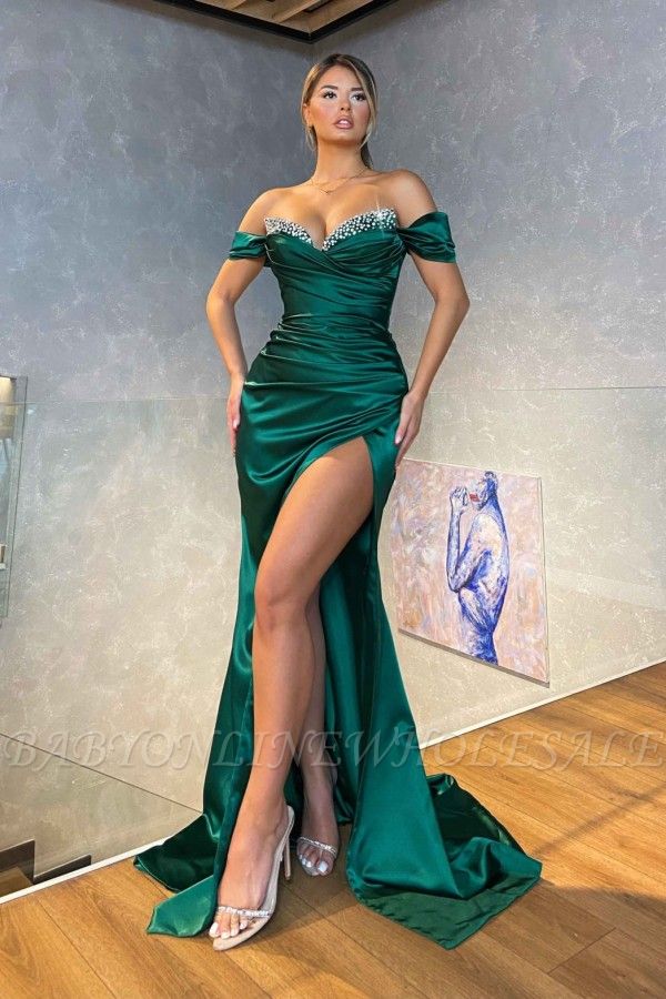 Off-the-Shoulder Satin Side Slit Prom Dress Sparkly Crystals Long Evening Party Gown