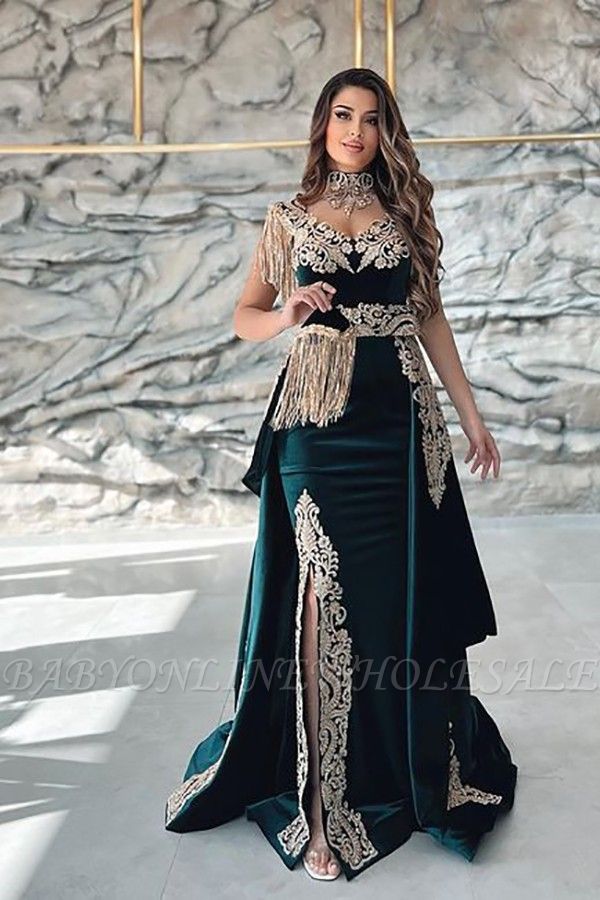 Dark green velvet sleeveless long prom dress with gold lace appliques