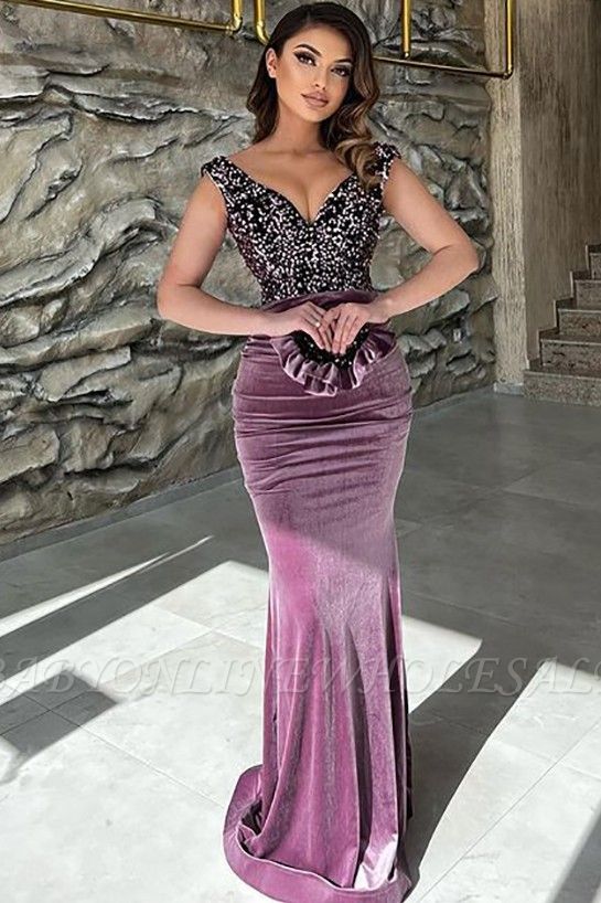 Purple velvet sleeveless beaded prom dress