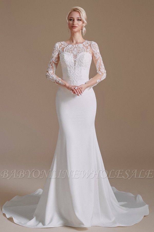 Long Sleeves Wedding Dress mermaid White Crew Neck Floral lace Long Bridal Dress