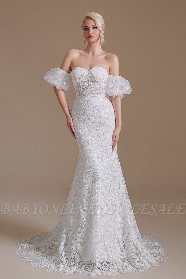 Romantisches Off-the-Shoulder-Schatz-Meerjungfrau-Brautkleid Blumenspitze-Hochzeitskleid
