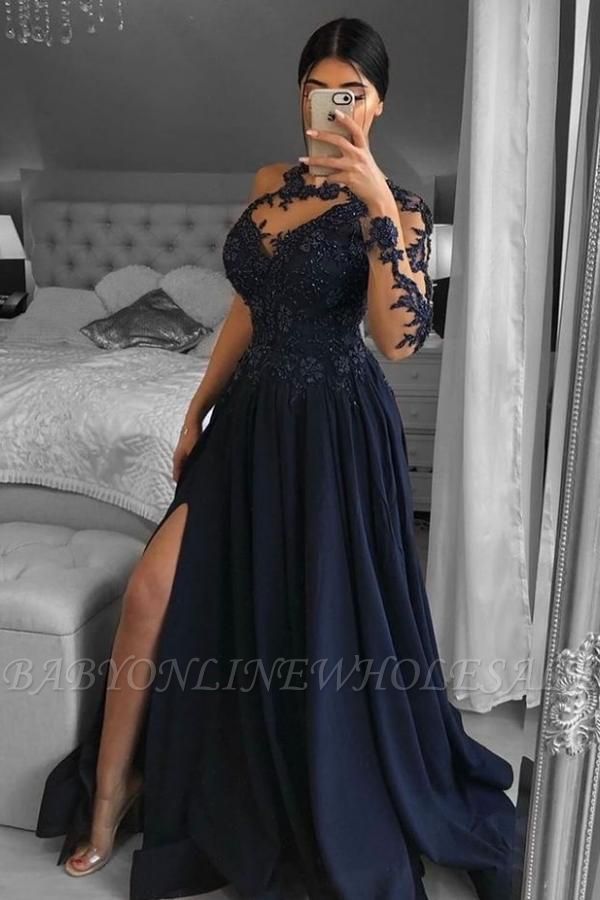 One Shoulder Chiffon Side Slit Evening Dress Floral lace Appliques Long Prom Dress