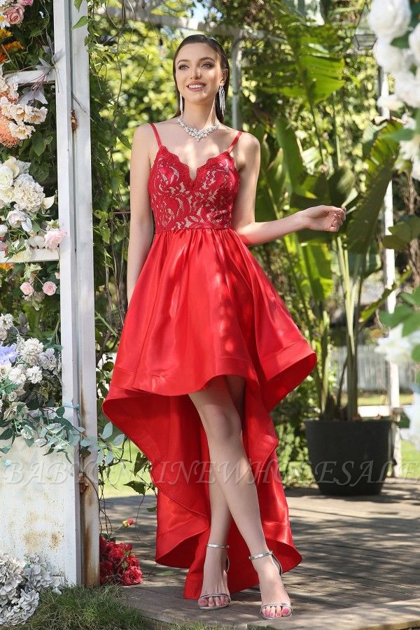 Red short homecoming dress with high low skirt