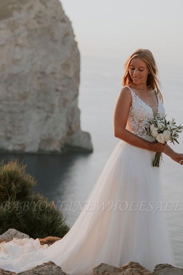 Straps v-neck floor length sleeveless a-line white beach wedding dress