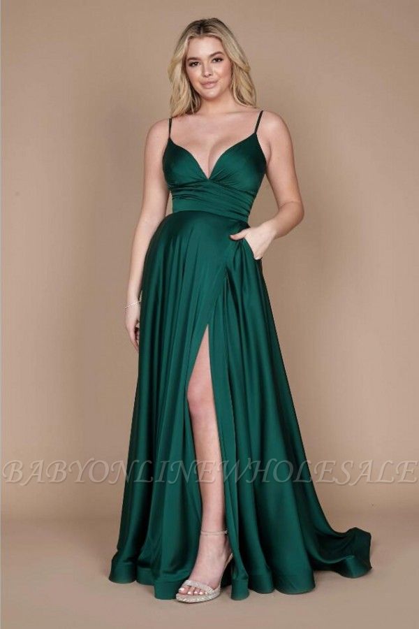 Элегантное темно-зеленое атласное платье для выпускного вечера с высоким разрезом