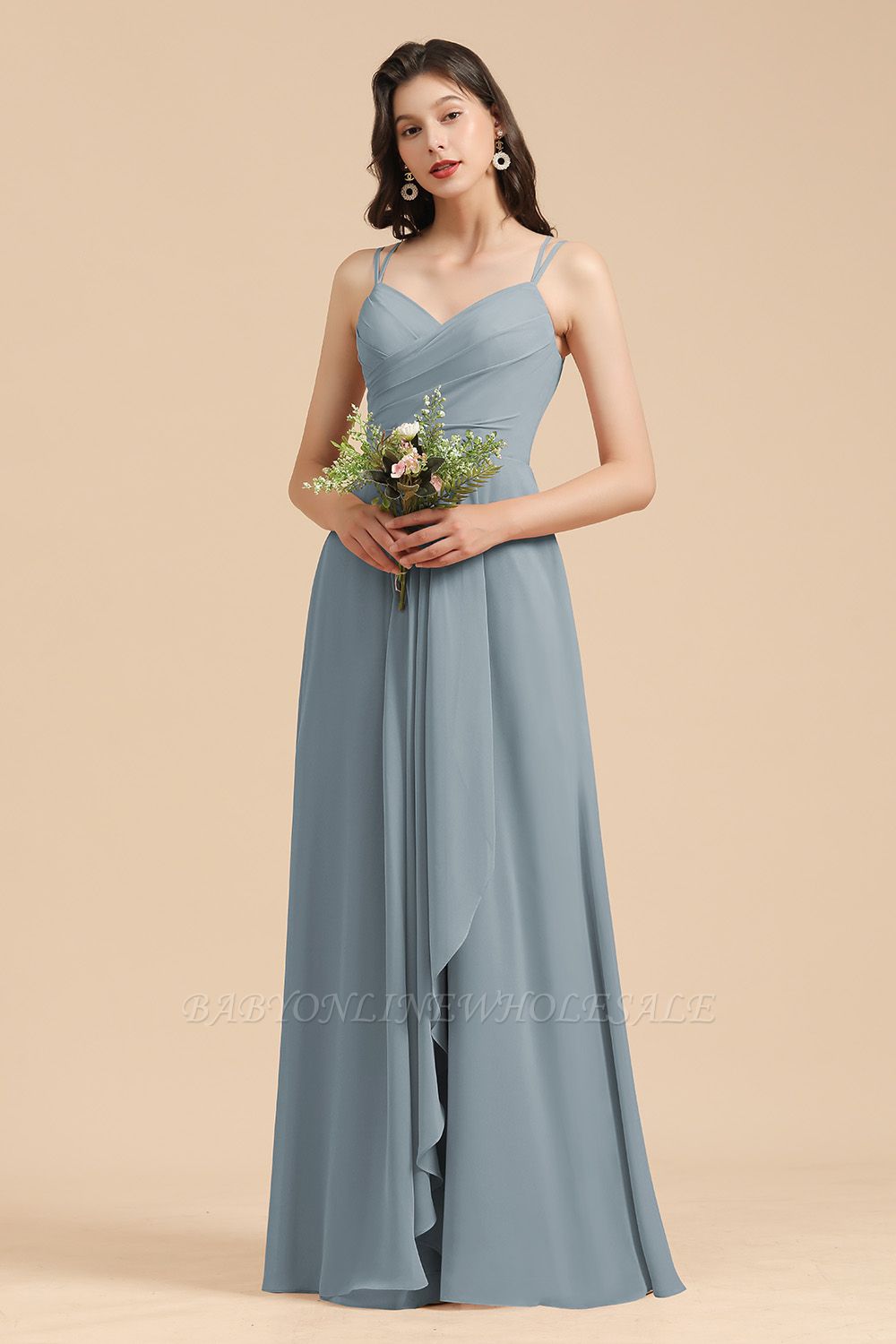 Elegant Ruched Chiffon Bridesmaid Dress Dusty Blue V-Neck Wedding Guest Dress