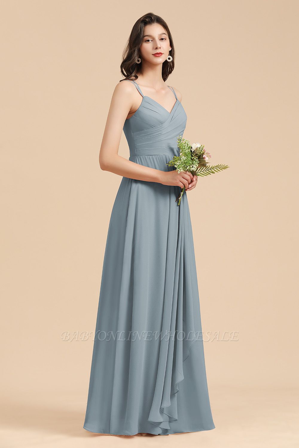 Elegant Ruched Chiffon Bridesmaid Dress Dusty Blue V-Neck Wedding Guest ...