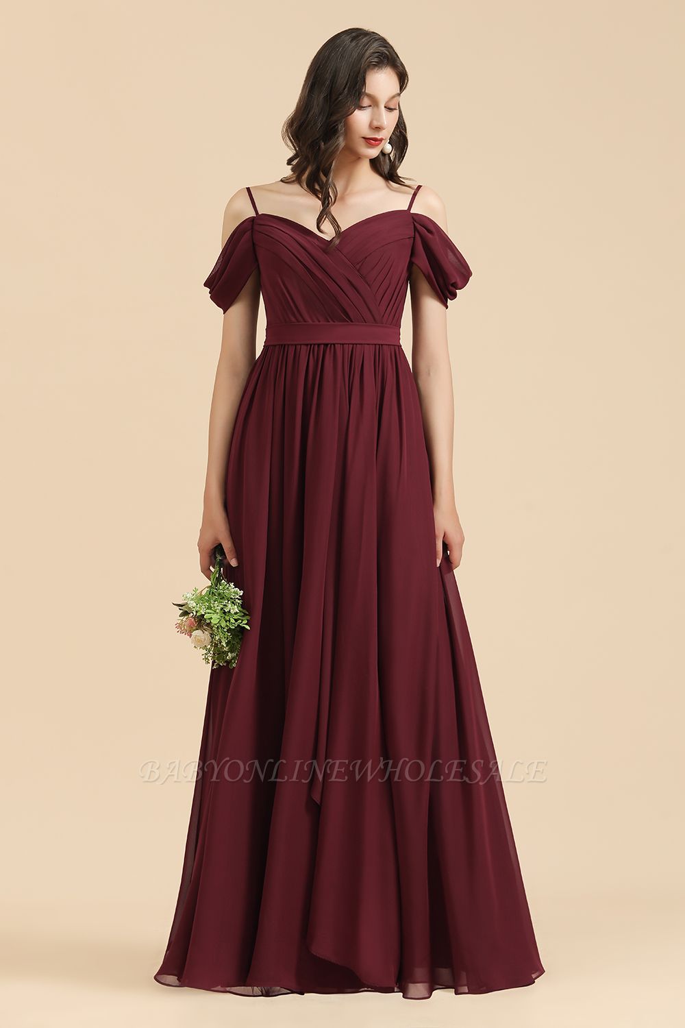 Burgund Off-the-Shoulder-Hochzeitskleid mit Trägern, Chiffon-Abend-Maxikleid