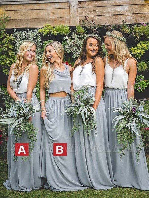 A-Linie/Princess-Linie Ärmellos V-Ausschnitt Chiffon Brautjungfernkleider Bodenlang Kleid für Hochzeitsfeiern
