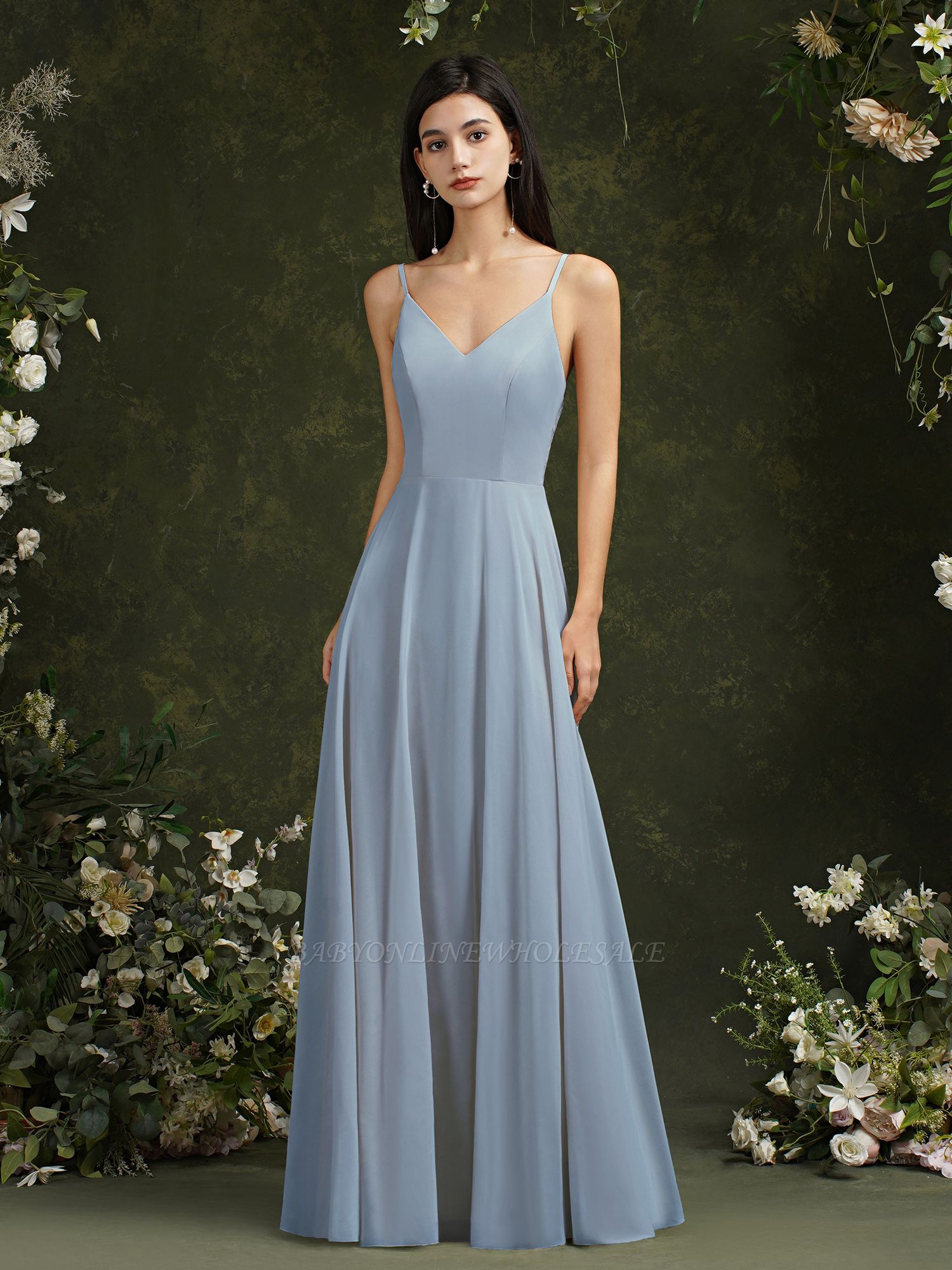 Elegantes ärmelloses Aline langes Brautjungfernkleid rückenfreies Abendkleid mit floraler Spitze
