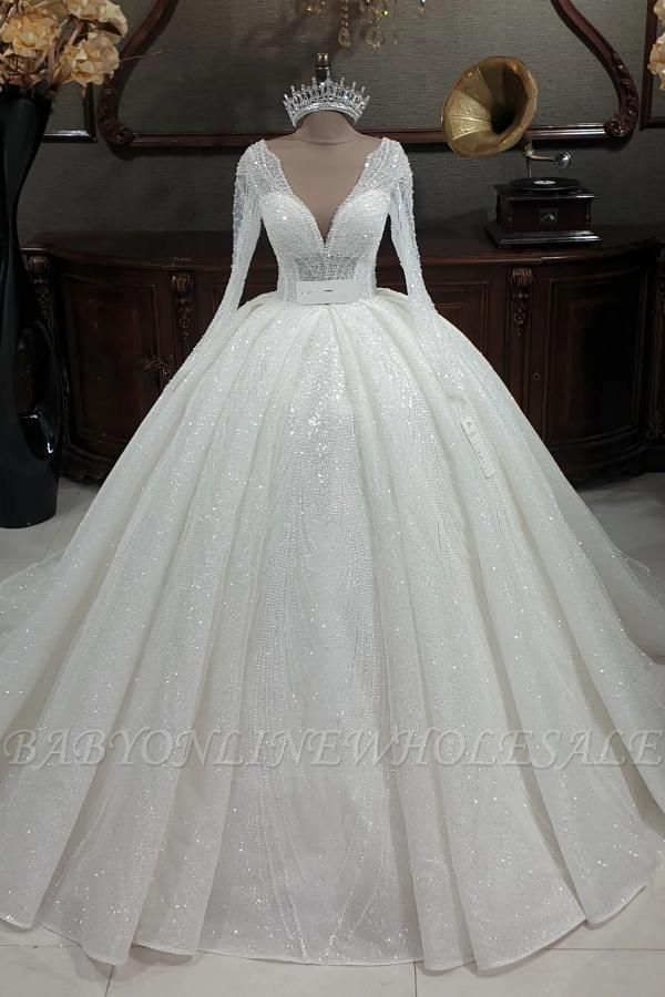 Gorgeous Glitter Sequins Aline Wedding Gown V-Neck Bridal Dress with Sleeves