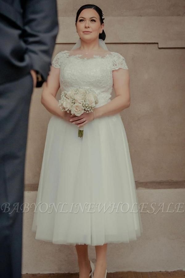 Ankle Length Wedding Dress White Tulle Dress for Bride with Cap Sleeves