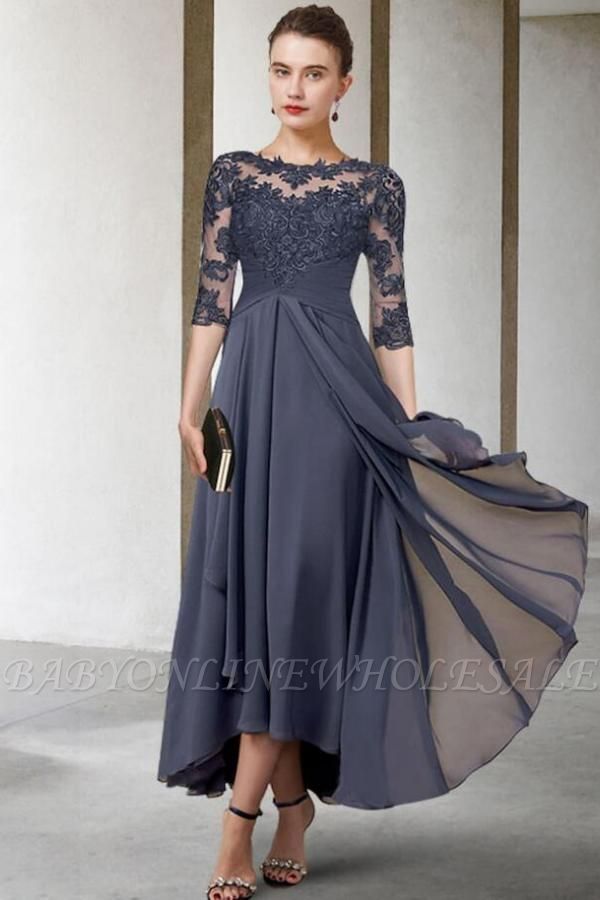 Elegant Half Sleeves Scoop Neck Mother of the Bride Dress Chiffon Lace Wedding Guest Dress