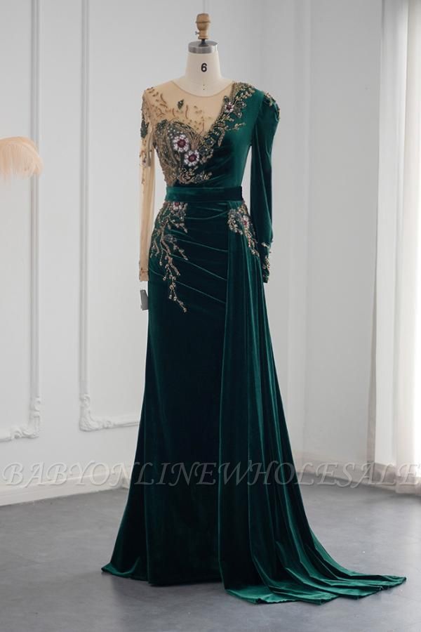 Charming Ruched Velvet Long Evening Dress Crew Neck Glitter Crystals Pearls Prom Dress  with Side Sweep Straps