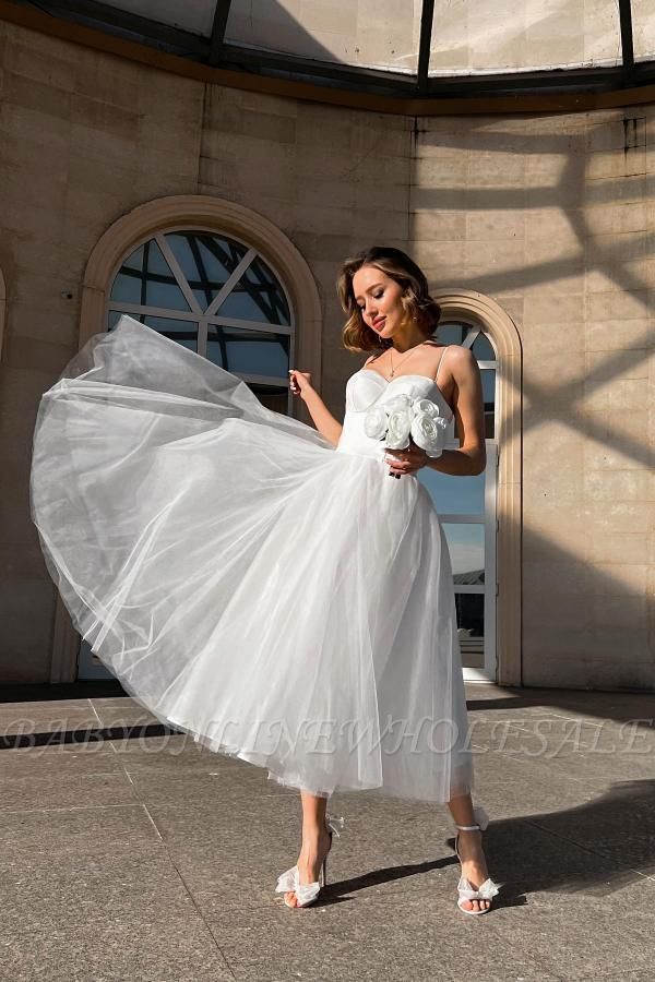 Spaghetti Straps White Aline Wedding Dress Ankle Length Tulle Garden Bridal Dress