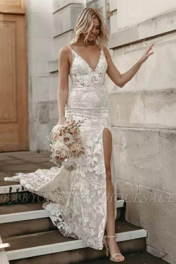 Elegante encaje floral sirena vestido de novia sin mangas con cuello en V vestido de novia con abertura lateral