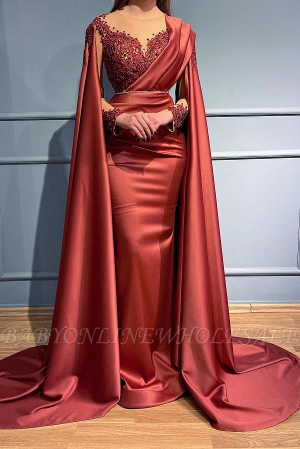 Charming Scoop Neck Ruched Satin Rhinestone Beads Mermaid Prom Dress Long Sleeves with Cape