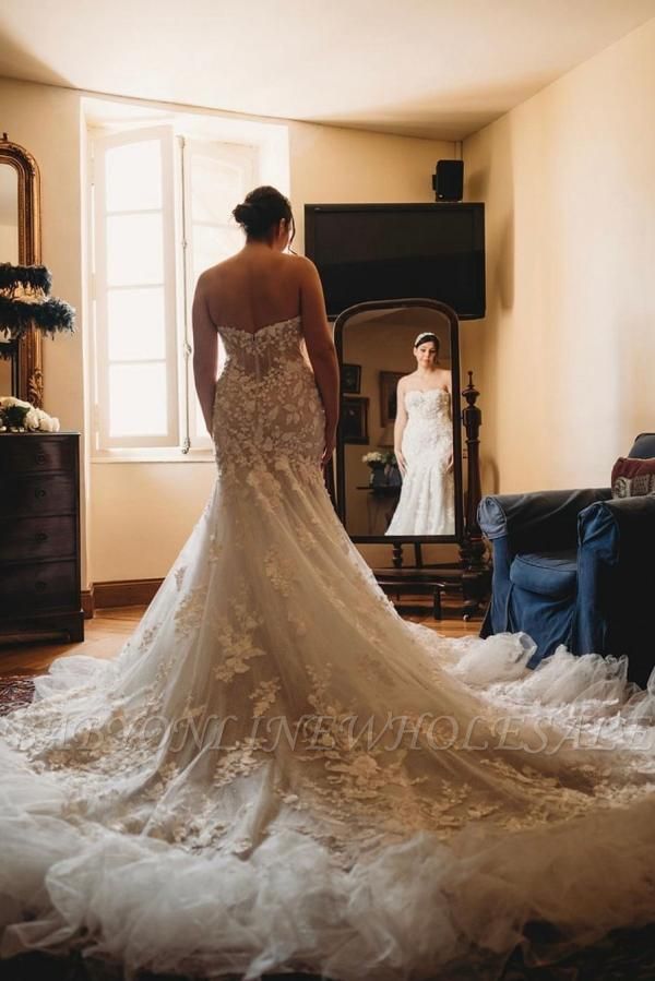 Романтическое милое свадебное платье без бретелек из тюля и русалки, простое свадебное платье с цветочным кружевом