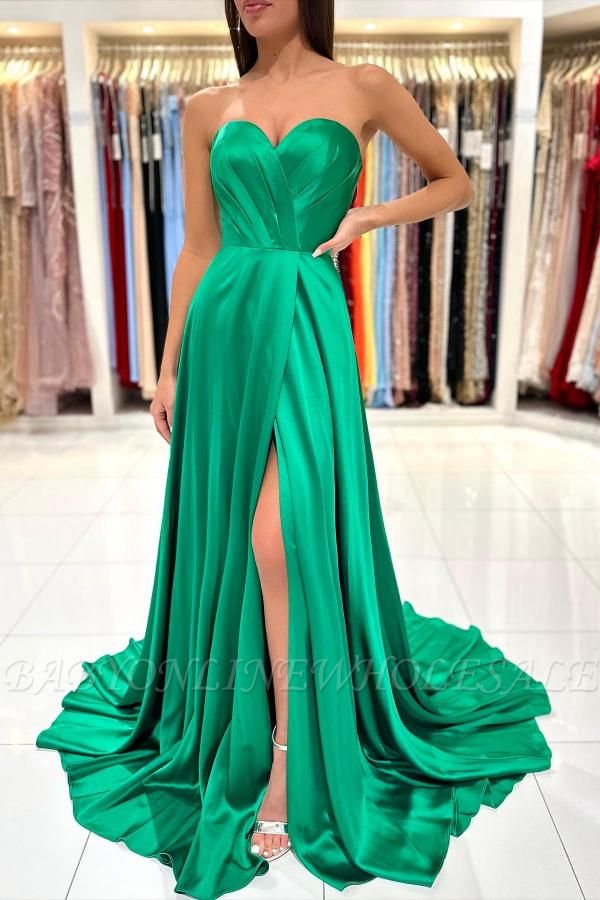Strapless green a-line prom dress with high split