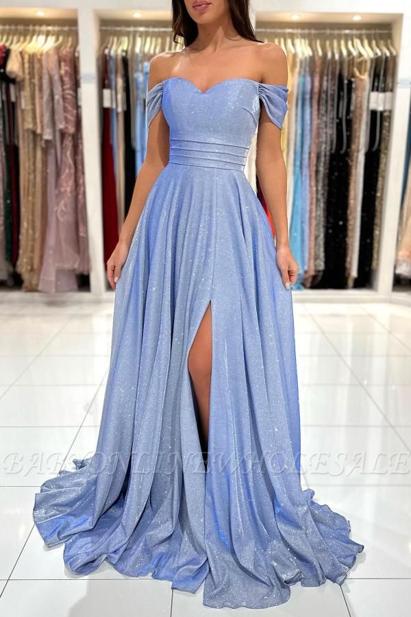 Off the shoulder blue split front prom dress with overskirt