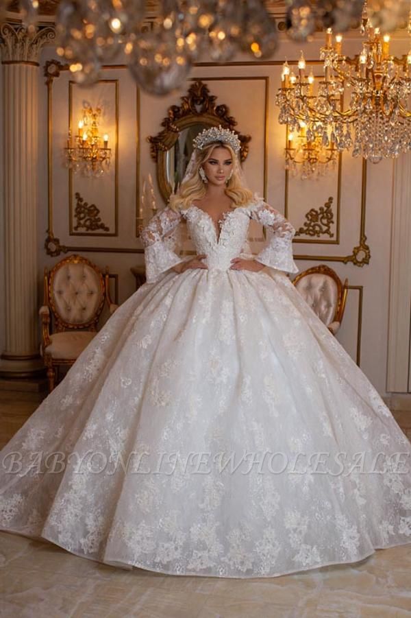 Бальное платье с длинными рукавами и v-образным вырезом, свадебное платье