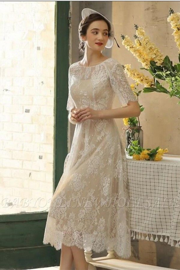 Exquisite Half Sleeves Lace Tea Length Jewel Sheath Wedding Dress