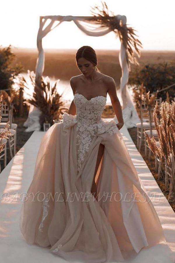 Fabulous Champagne Strapless Lace Tulle Wedding Dress with Appliques