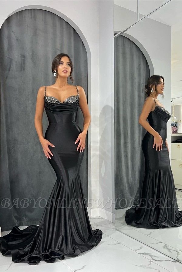 Elegant Black Spaghetti Straps Beading Floor Length Mermaid Prom Dress ...