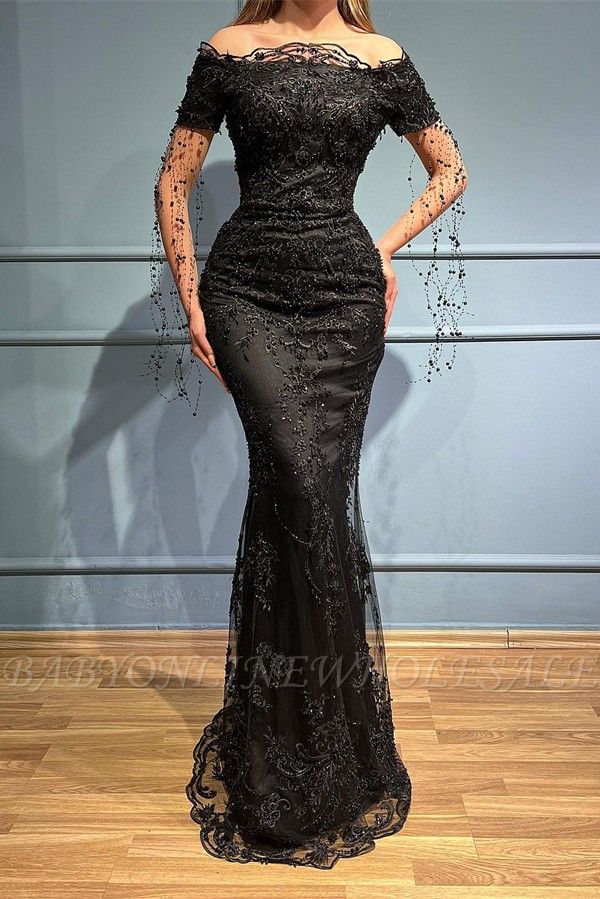 Fabuloso vestido de fiesta negro sin tirantes con hombros descubiertos