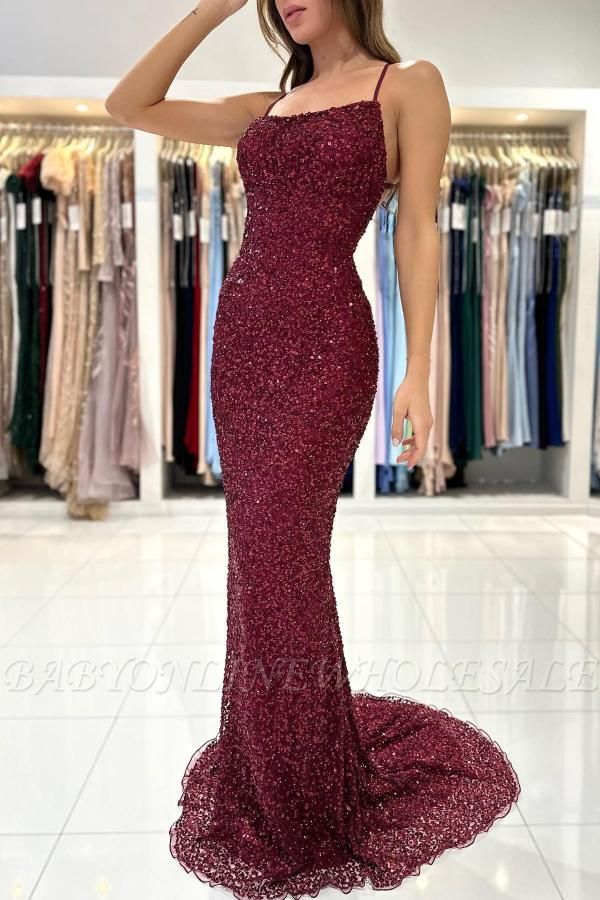 Elegant Sequined Burgundy Spaghetti Straps Mermaid  Floor Length Prom Dress