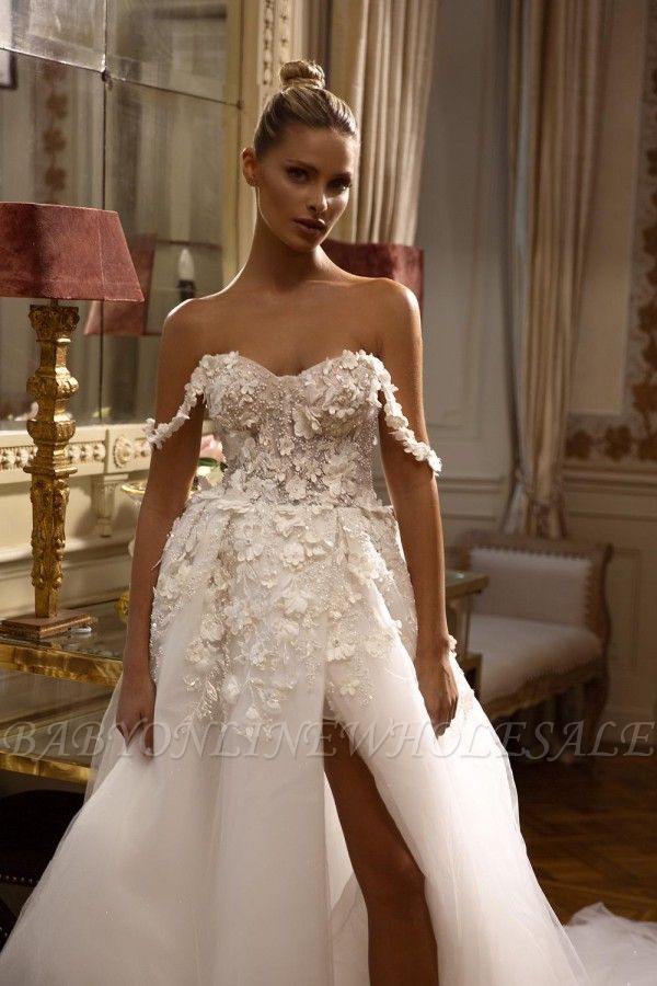 Ivory Sweetheart Front-Slit Off the Shoulder A-Line Wedding Dress