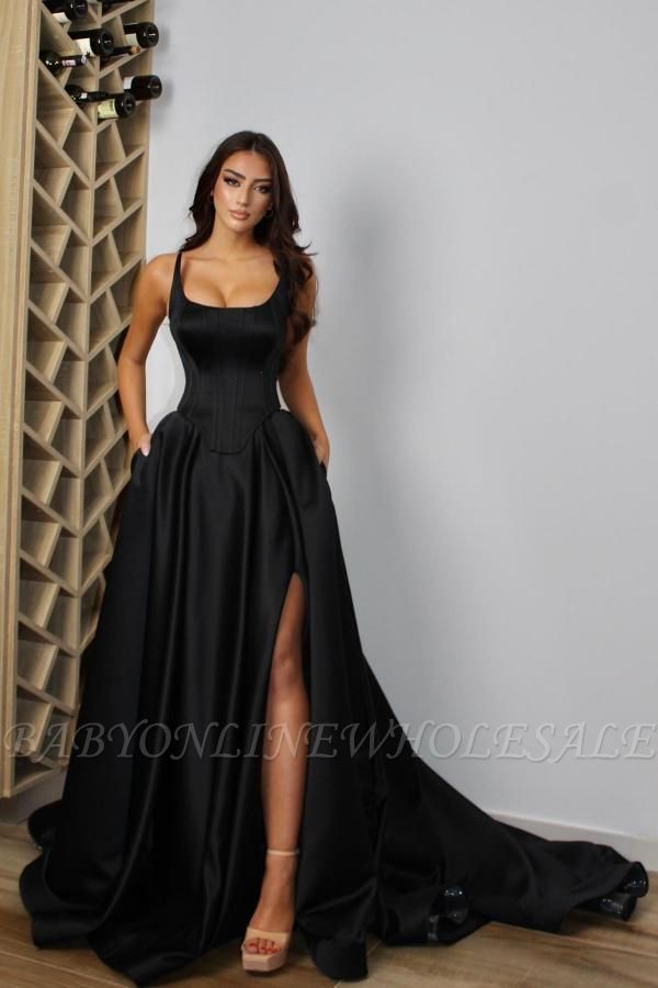 Black Straps Square Floor Length Prom Dress with Ruffles